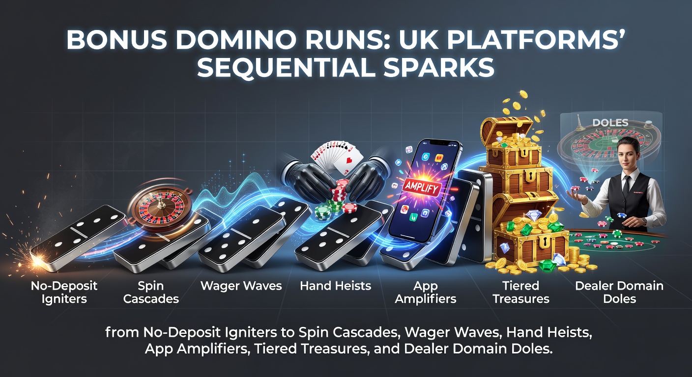 Illustration of dominoes falling in a sequence, representing chained bonuses on UK gambling platforms, with sparks igniting from no-deposit starts to live dealer finishes