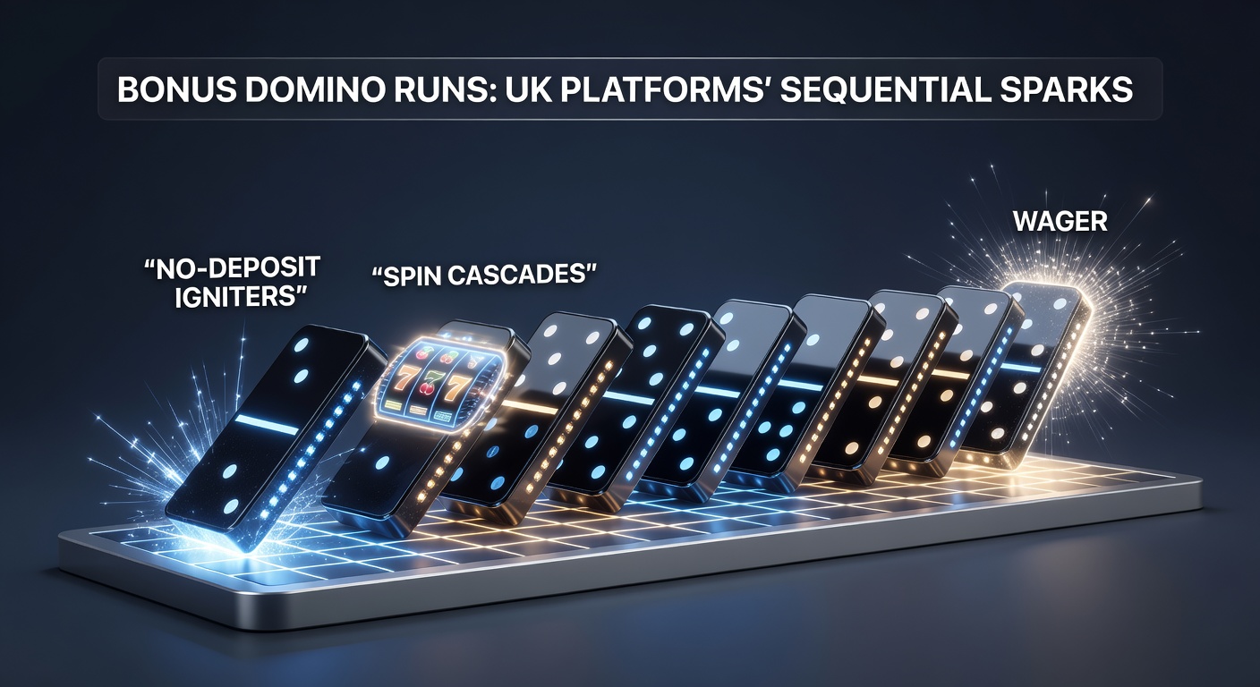 Visual of cascading slot spins turning into waves of wagers and poker hands, symbolizing the domino progression in UK bonus chains