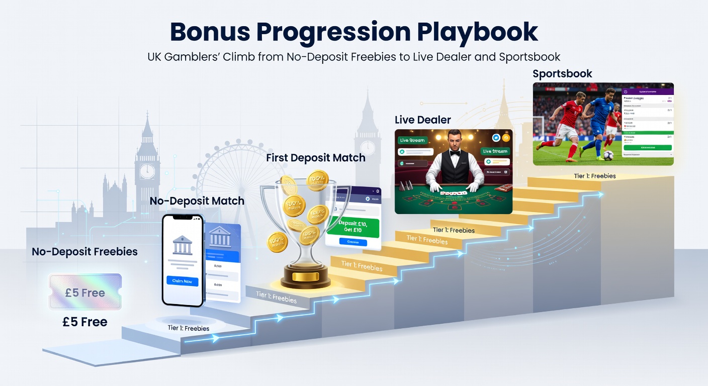 Progression chart showing UK bonus climbs from free spins to live dealer highs and sportsbook bets