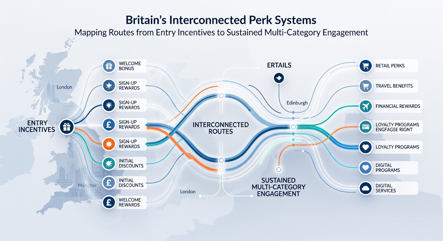 Flowchart illustrating progression from initial perks to sustained multi-category engagement in UK platforms
