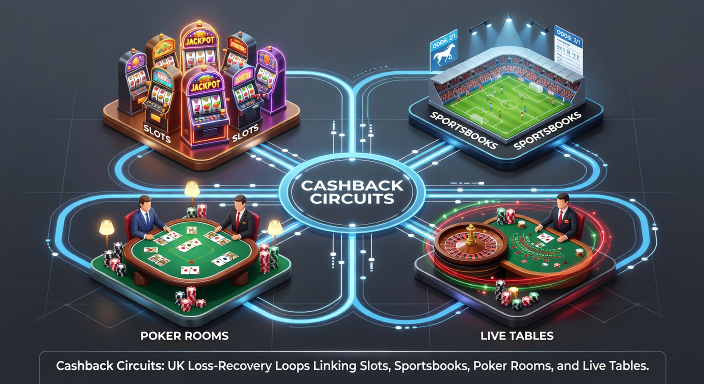 Illustration of interconnected cashback loops across slots, sportsbooks, poker, and live casino tables in the UK gambling landscape