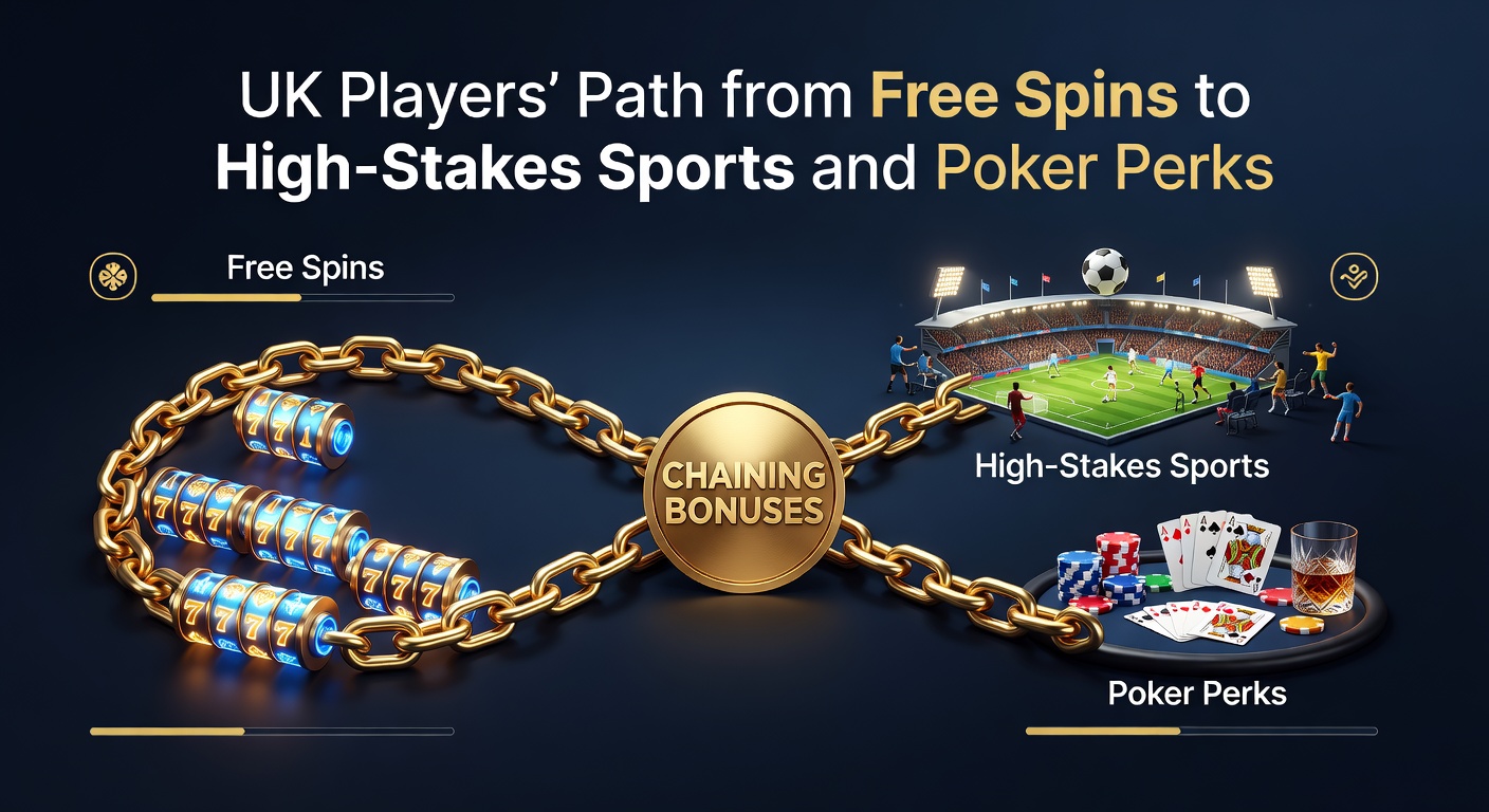 UK gambler navigating bonus chains from slot free spins to sports betting and poker tables, illustrating progression paths