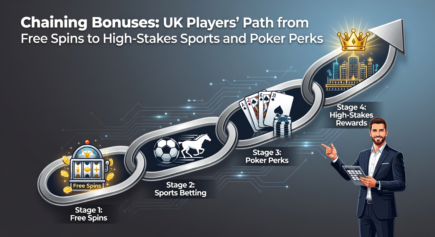 Illustration of bonus progression flowchart from free spins winnings to sports free bets and poker freeroll seats for UK players
