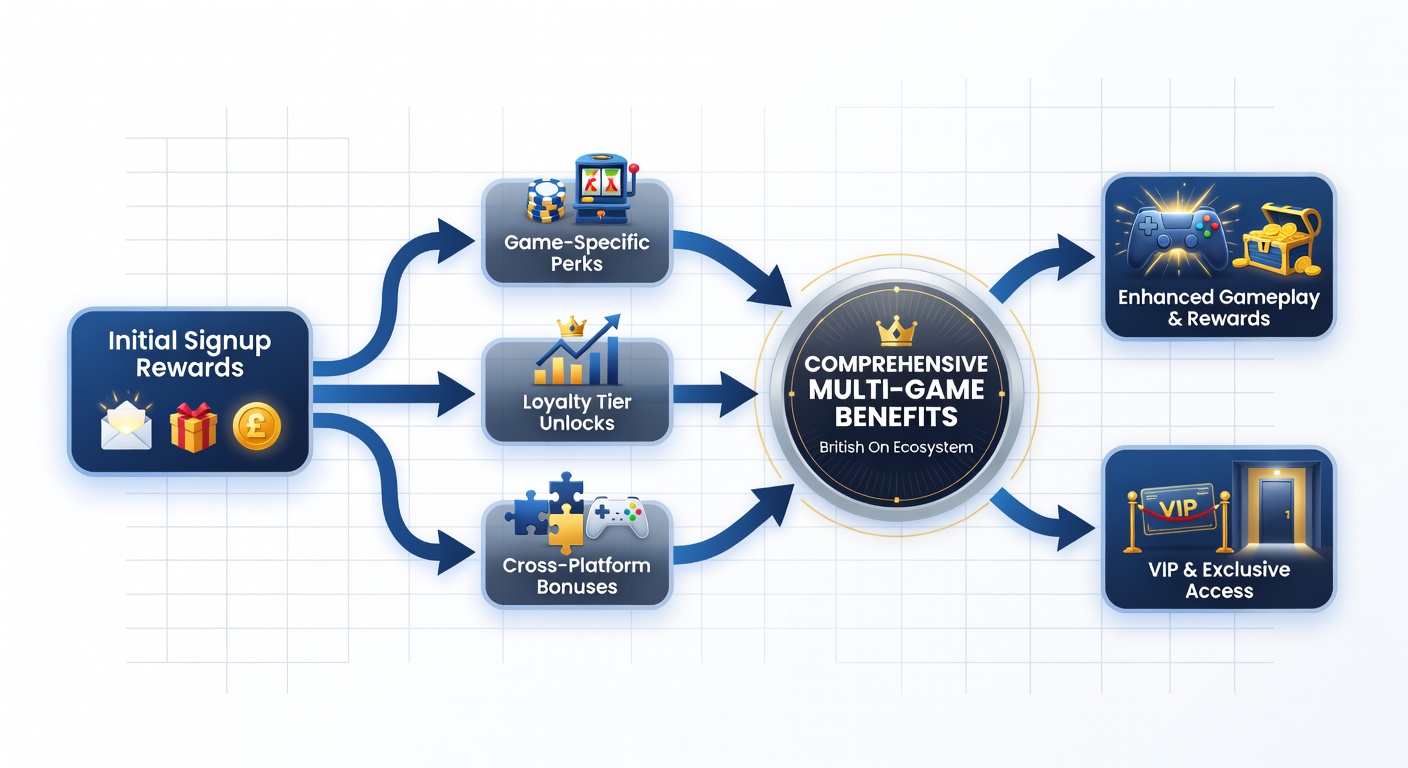 Flowchart showing interconnected reward systems linking slots, sports, poker, and live dealer games in UK platforms