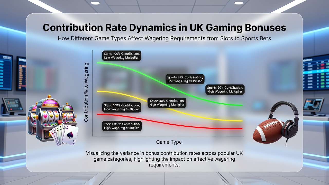 Illustration showing contribution rate percentages across different UK game types including slots, table games, sports bets, and poker with visual breakdowns of wagering impact
