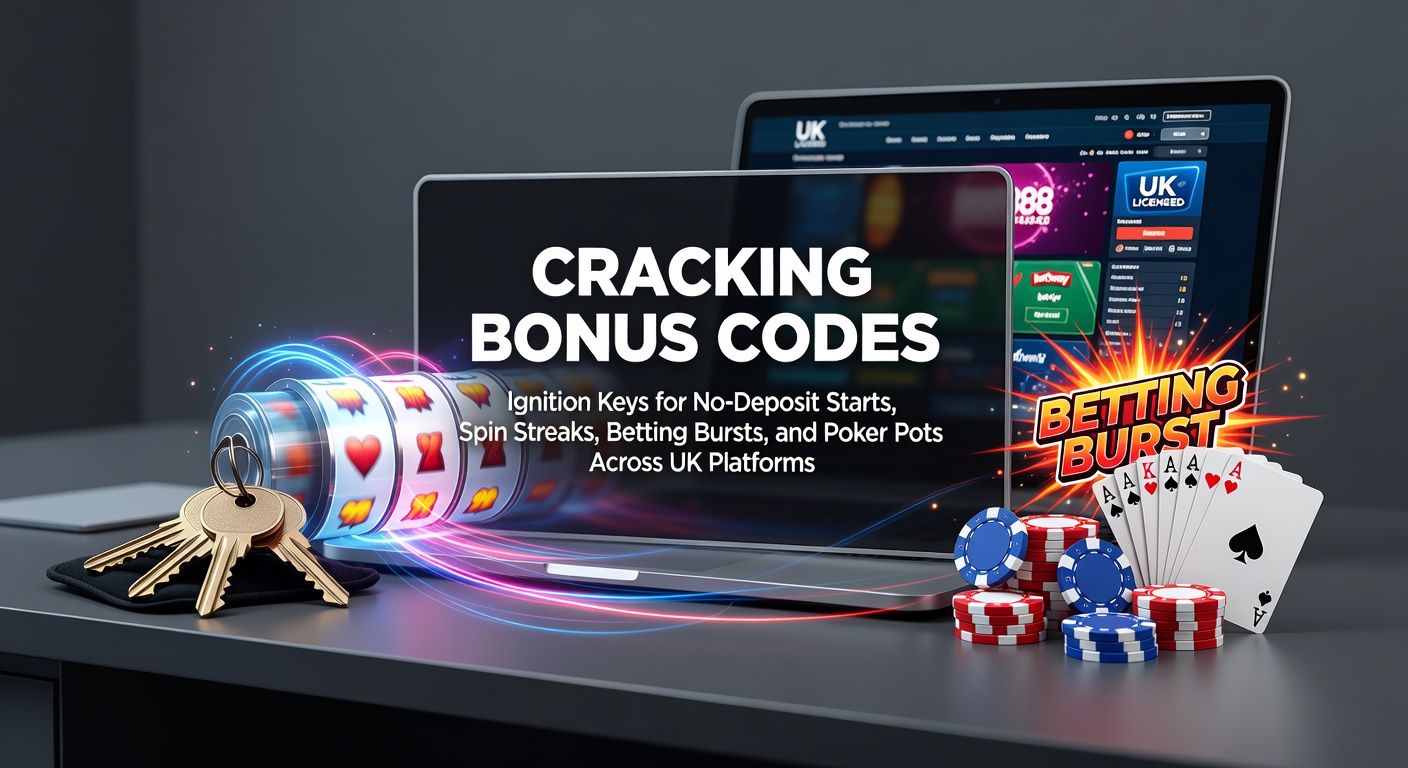Digital keys unlocking bonus vaults on UK gambling screens, showing code entry fields for slots, sports, and poker