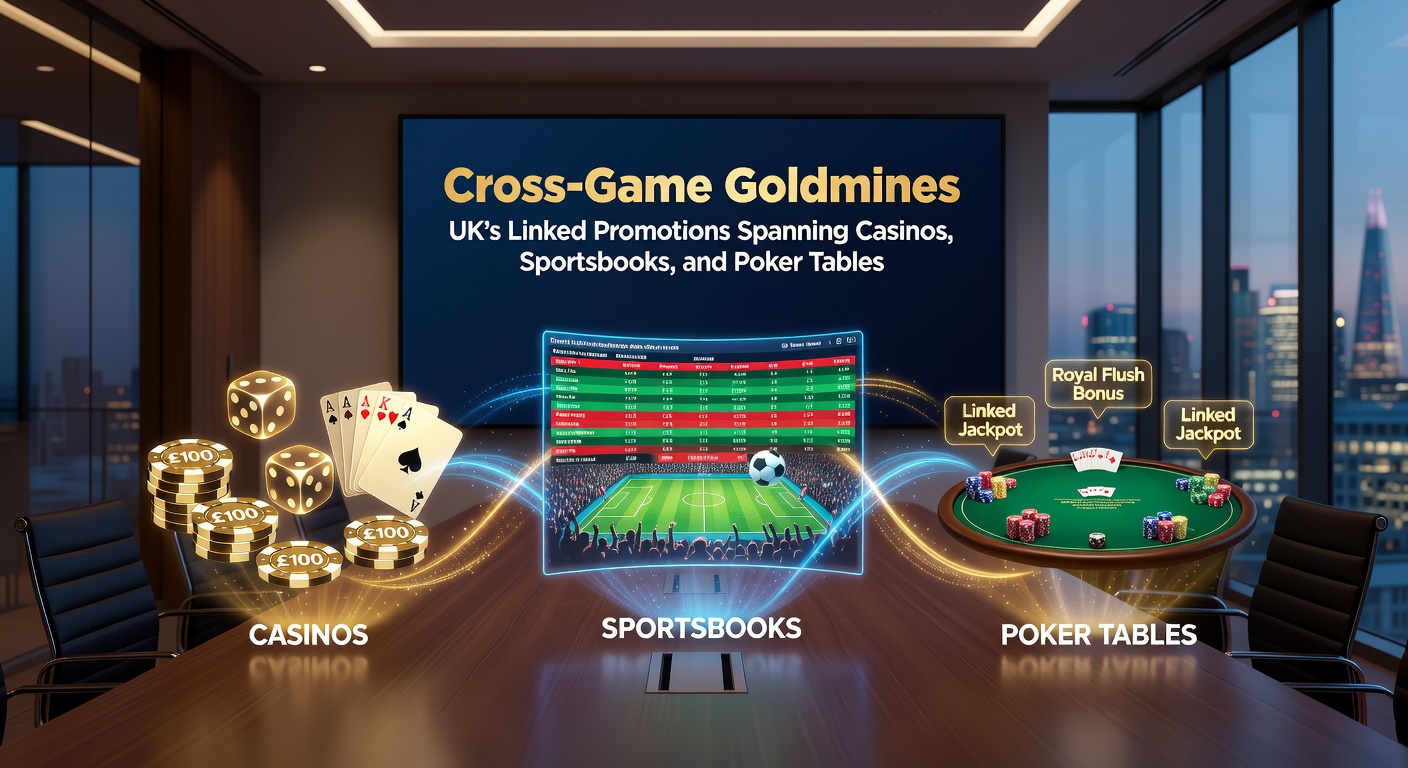 Vibrant digital collage showing interconnected casino slots, sportsbook odds boards, and poker tables with golden promotion links weaving between them