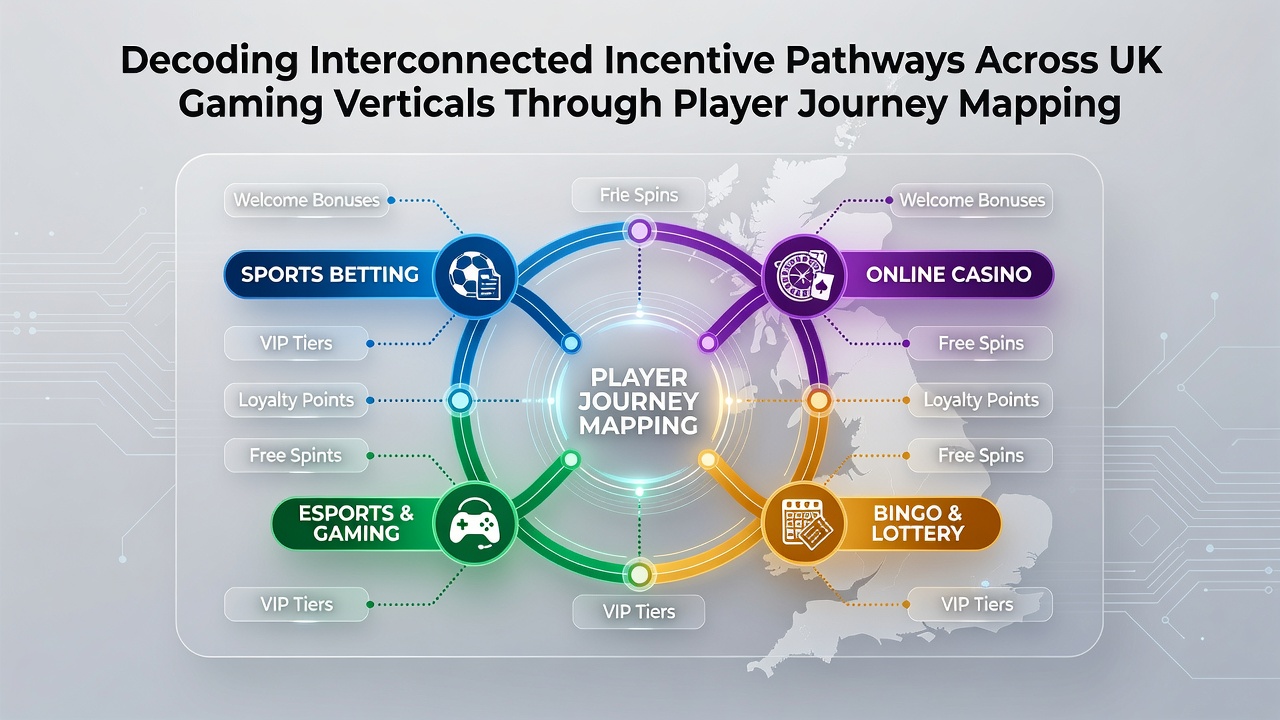 Diagram illustrating player journey mapping across interconnected UK gaming verticals including slots, sports betting, and poker