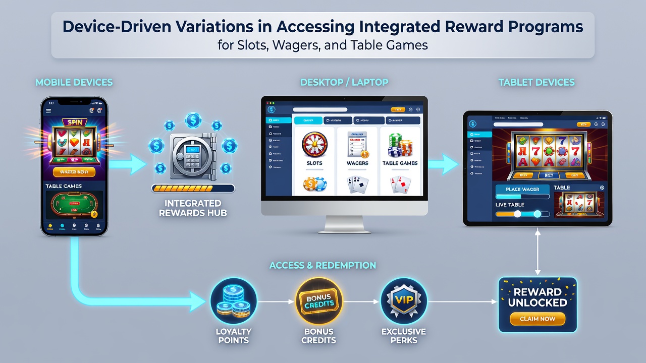 Comparison of tablet and smartphone interfaces showing integrated reward tracking for UK table games and slots