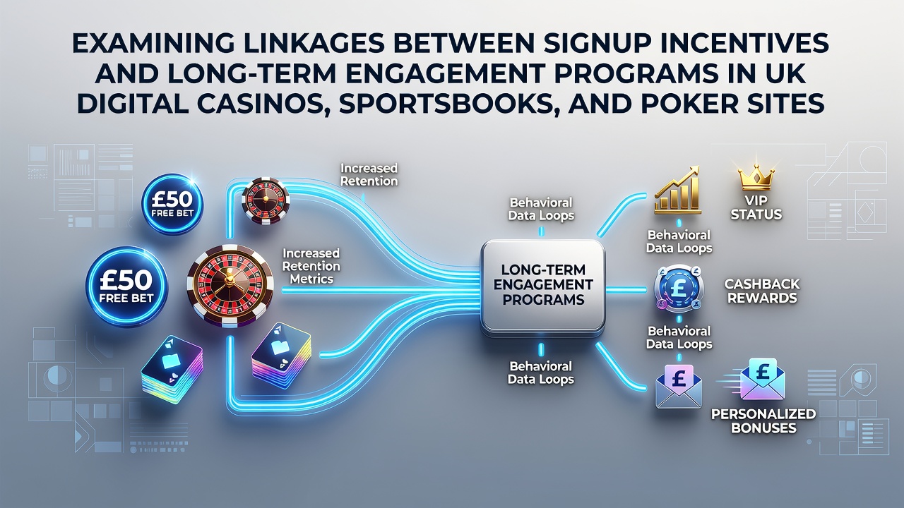 UK digital gambling platforms showing signup bonus interfaces transitioning into loyalty program dashboards across casino, sportsbook, and poker sections