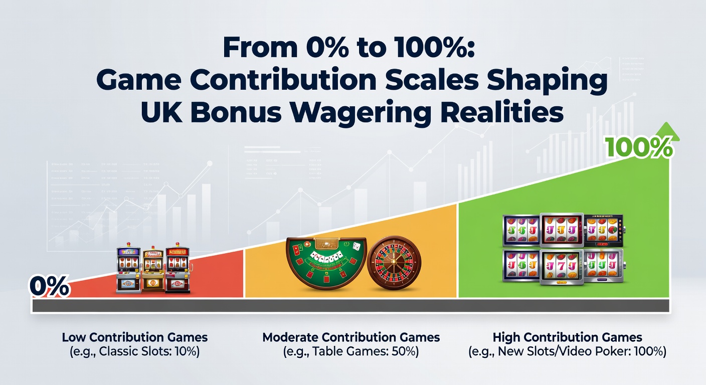 Colorful chart illustrating game contribution percentages ranging from 0% for certain table games to 100% for slots, highlighting wagering requirement progress bars