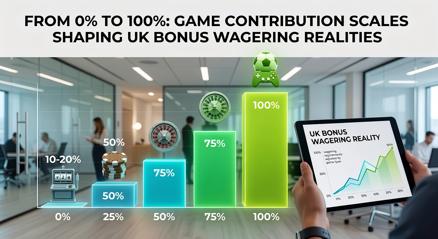 Infographic breaking down contribution rates: slots at 100%, table games at 10%, live casino at 20%, and sports bets at 5-15%, with UK platform examples