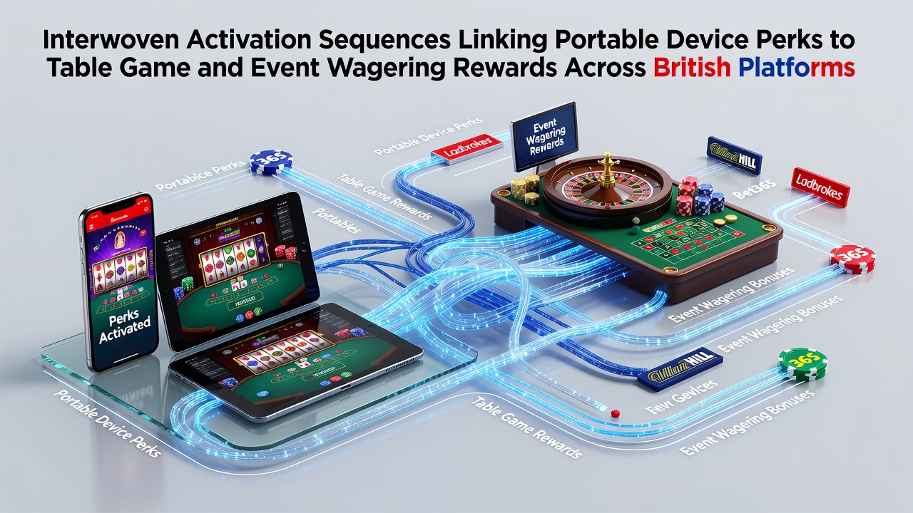 Illustration of mobile device interfaces connecting to table games and event wagering systems on UK platforms
