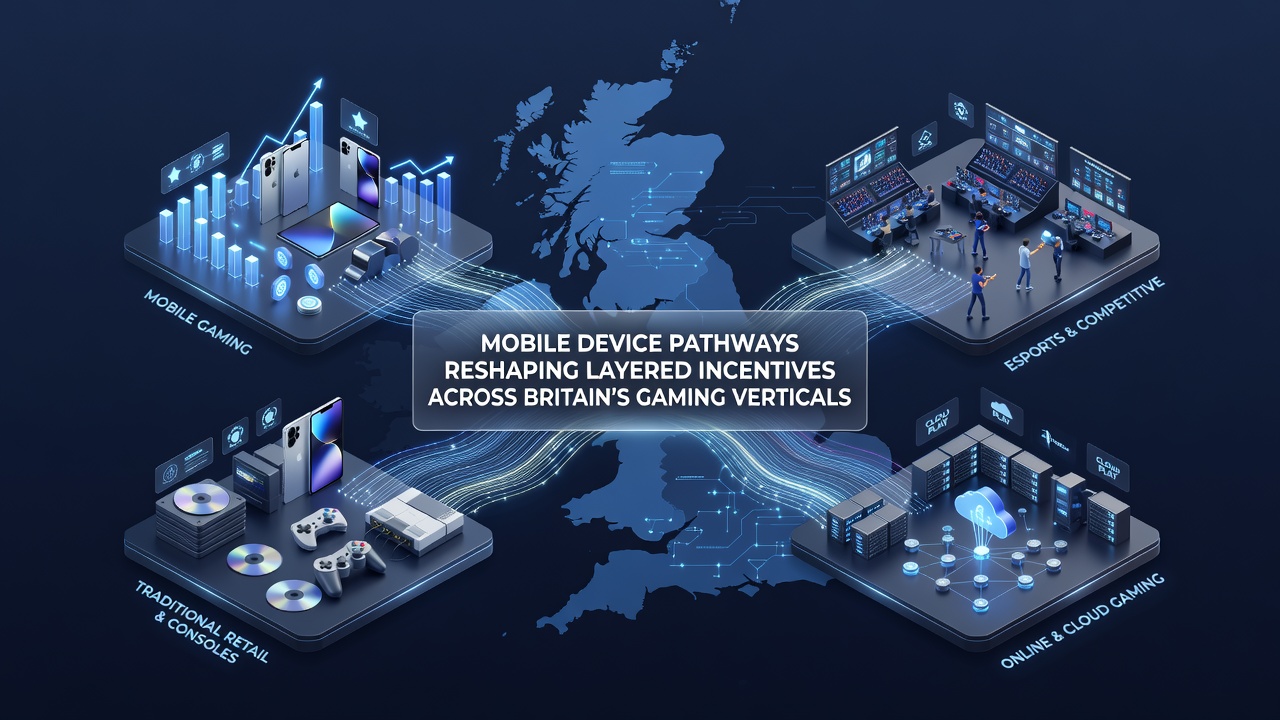 Mobile device screen showing interconnected gaming apps and incentive pathways in UK casinos, sports betting, and poker platforms