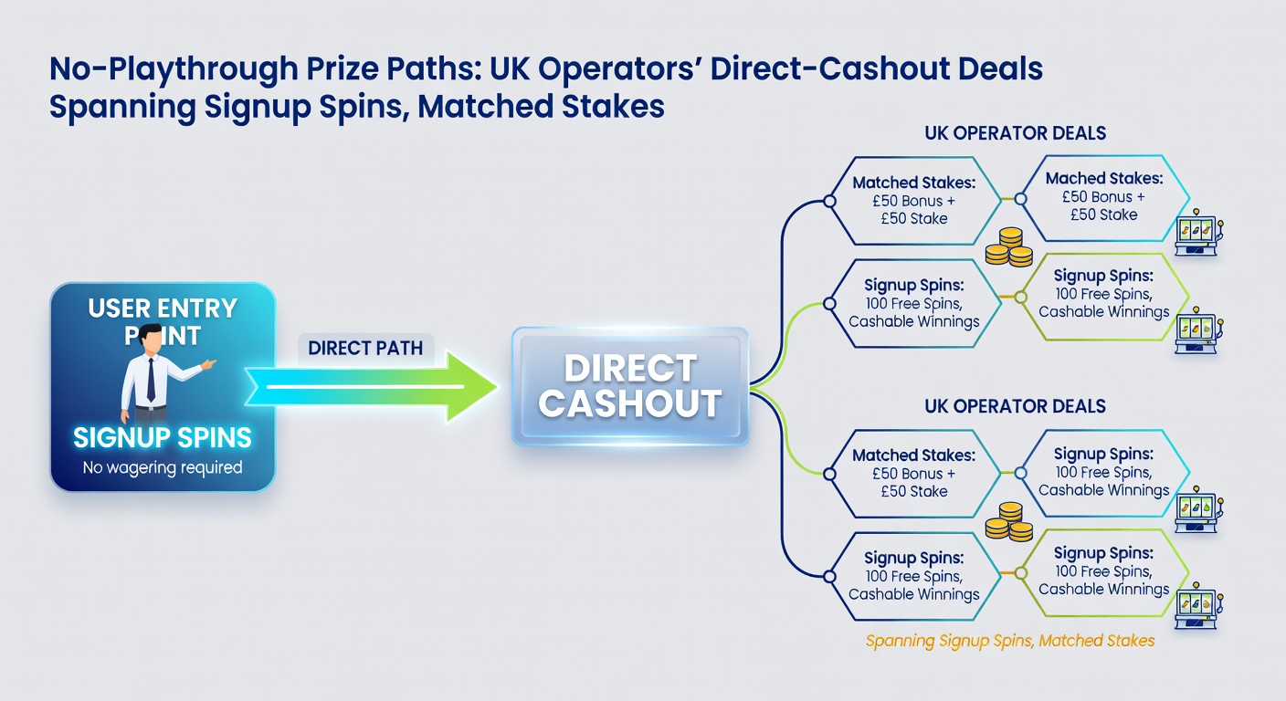 Illustration of a no-playthrough bonus path flowchart connecting signup spins to matched deposits, poker credits, mobile perks, VIP tiers, and live dealer bonuses on UK platforms