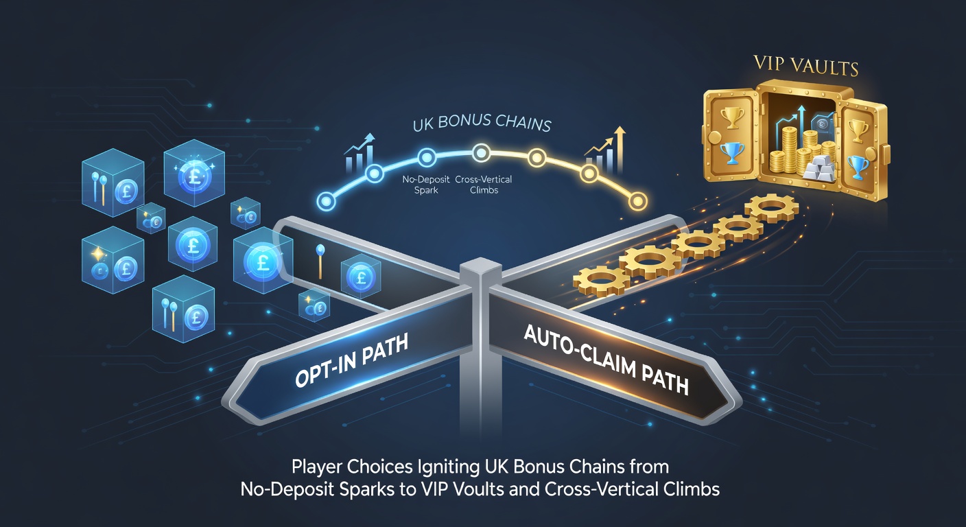 Player standing at a digital crossroads, one path labeled 'Opt-In' leading to customized bonus chains, the other 'Auto-Claim' streamlining straight to VIP vaults across UK gaming platforms