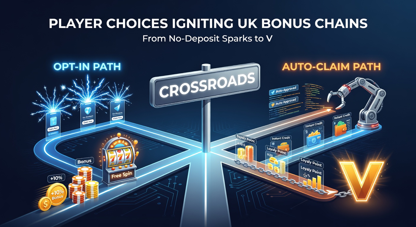 Infographic depicting bonus chain progression: no-deposit sparks branching into opt-in customized climbs versus auto-claim streamlined vaults, with UK platform icons along verticals like slots, sports, and VIP tiers