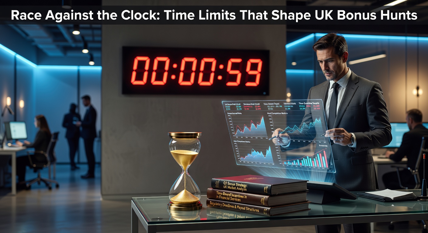 A digital clock ticking down with casino chips and bonus icons racing against time, illustrating the urgency of UK bonus time limits
