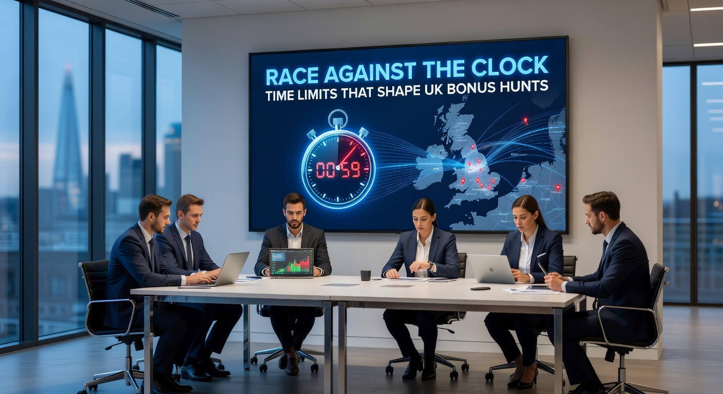 Close-up of a stopwatch amidst poker cards, betting slips, and slot reels, symbolizing the intense time pressure in UK bonus wagering across games