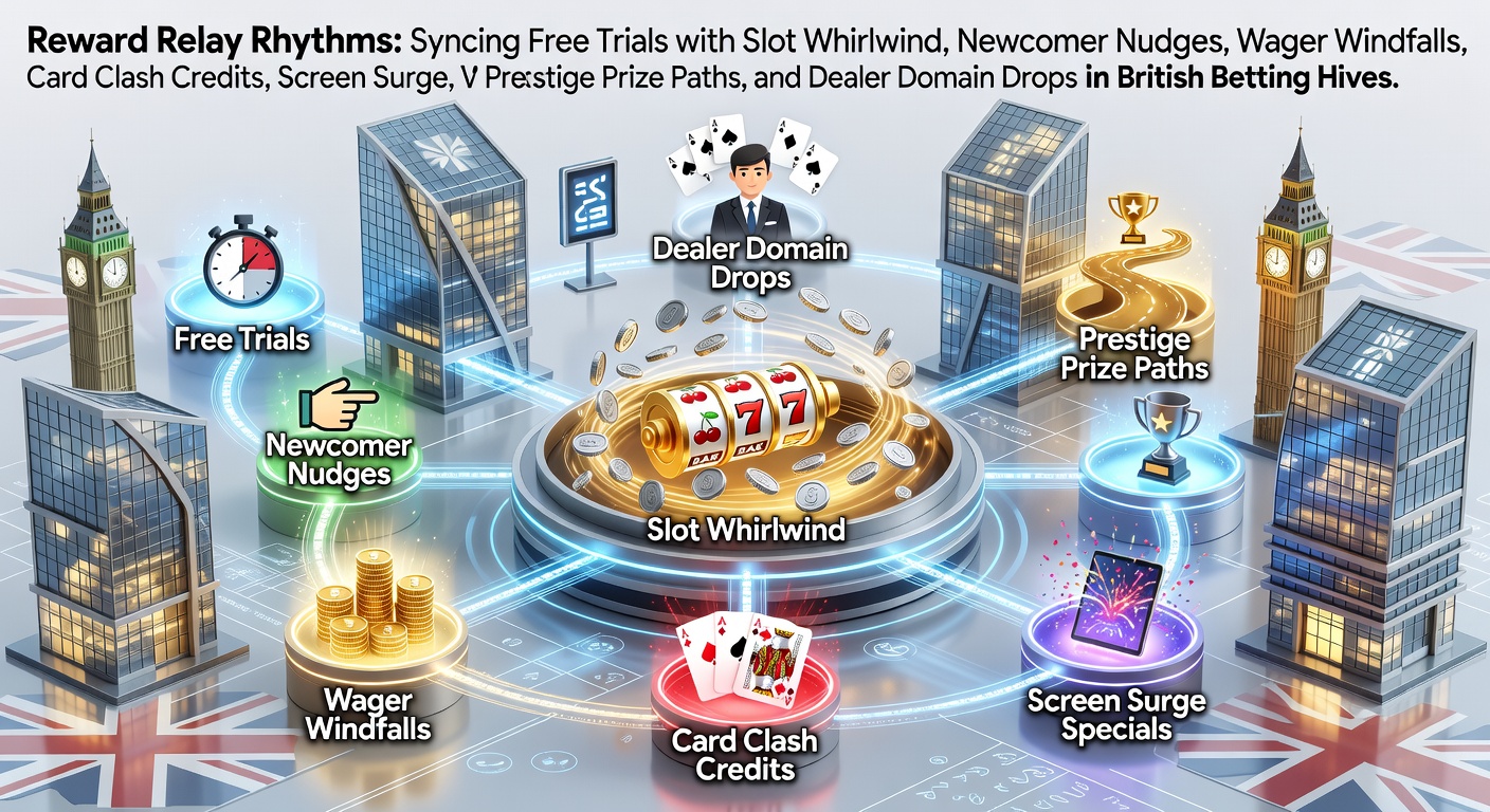 Dynamic illustration of interconnected reward paths in UK betting platforms, showing free trials flowing into slot spins and beyond