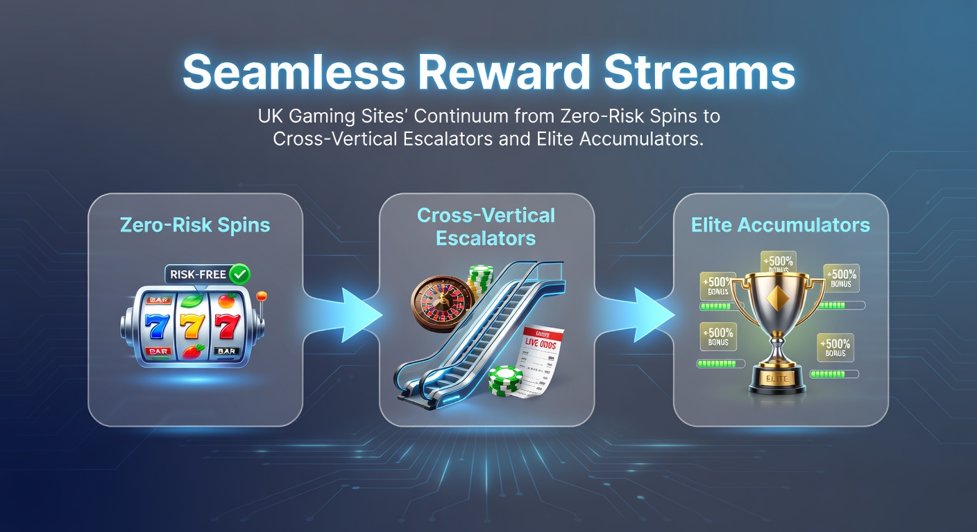 Visual representation of a continuous reward stream flowing from free spins through gaming verticals to elite VIP accumulators on UK sites