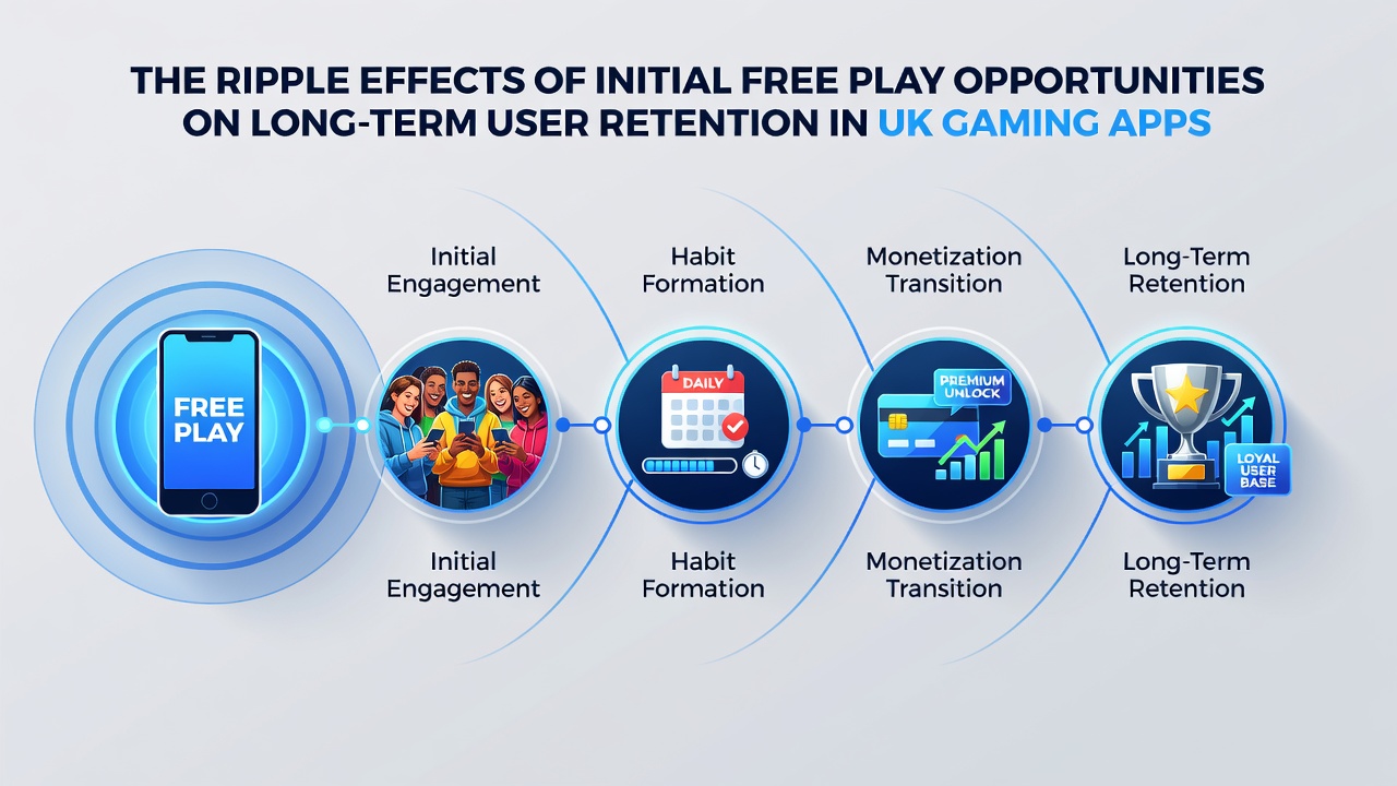 Infographic illustrating long-term retention trends linked to early free play in British mobile gaming