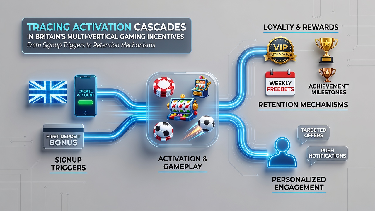 Diagram showing the flow of gaming incentive activation from initial signup through casino, sports, and poker verticals toward long-term retention programs in UK platforms