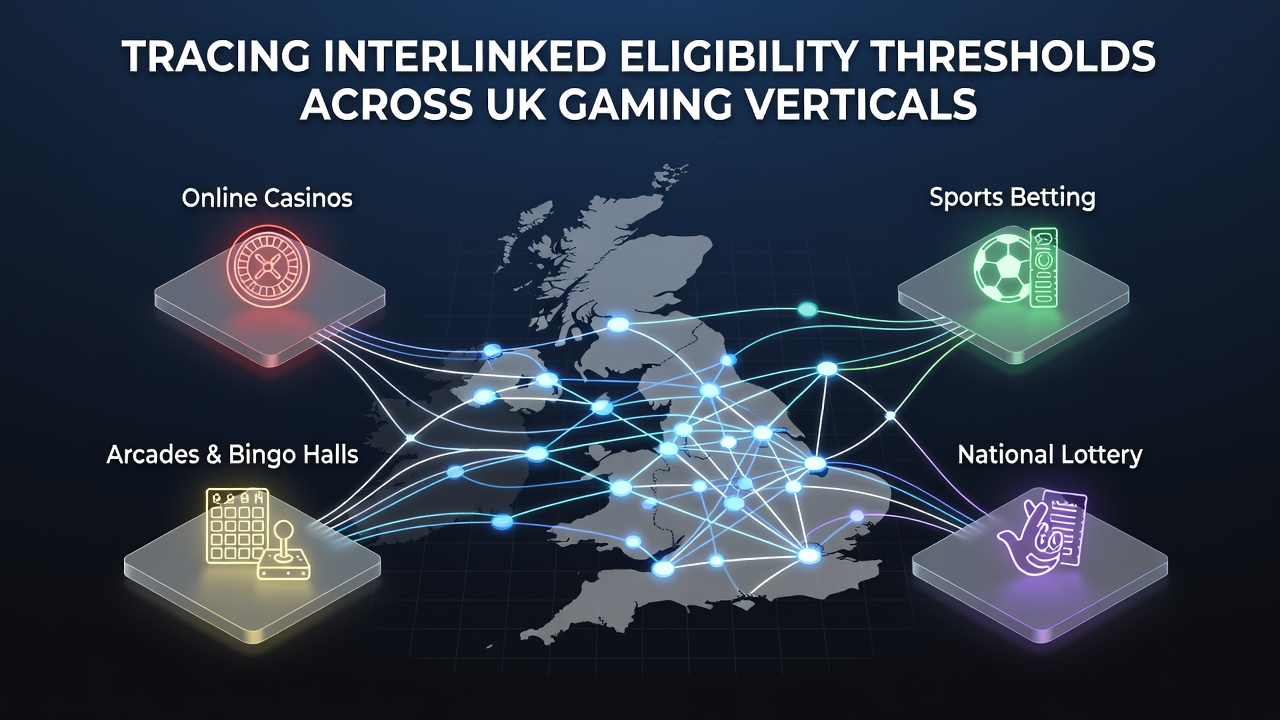 Diagram showing connected eligibility thresholds across UK casino, sports, and poker platforms