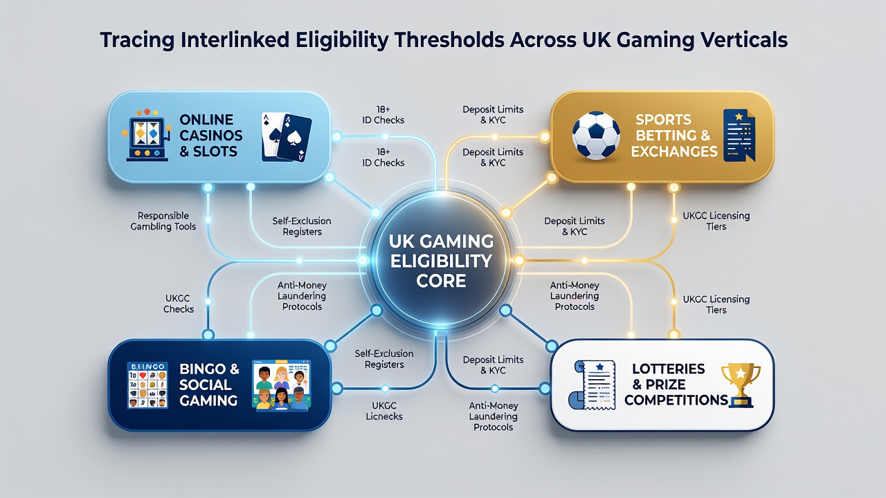 Flowchart illustrating eligibility connections between casino, sports betting, and poker verticals in UK platforms