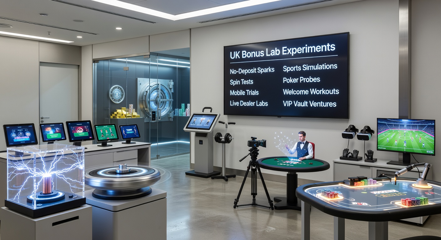 Visual representation of laboratory setups testing various UK casino bonus types, featuring charts and simulated gaming interfaces