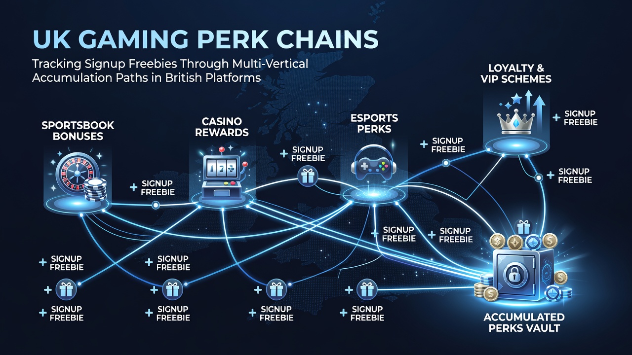 Diagram showing multi-vertical bonus accumulation paths across UK gaming platforms from signup freebies to casino, sports, and poker rewards