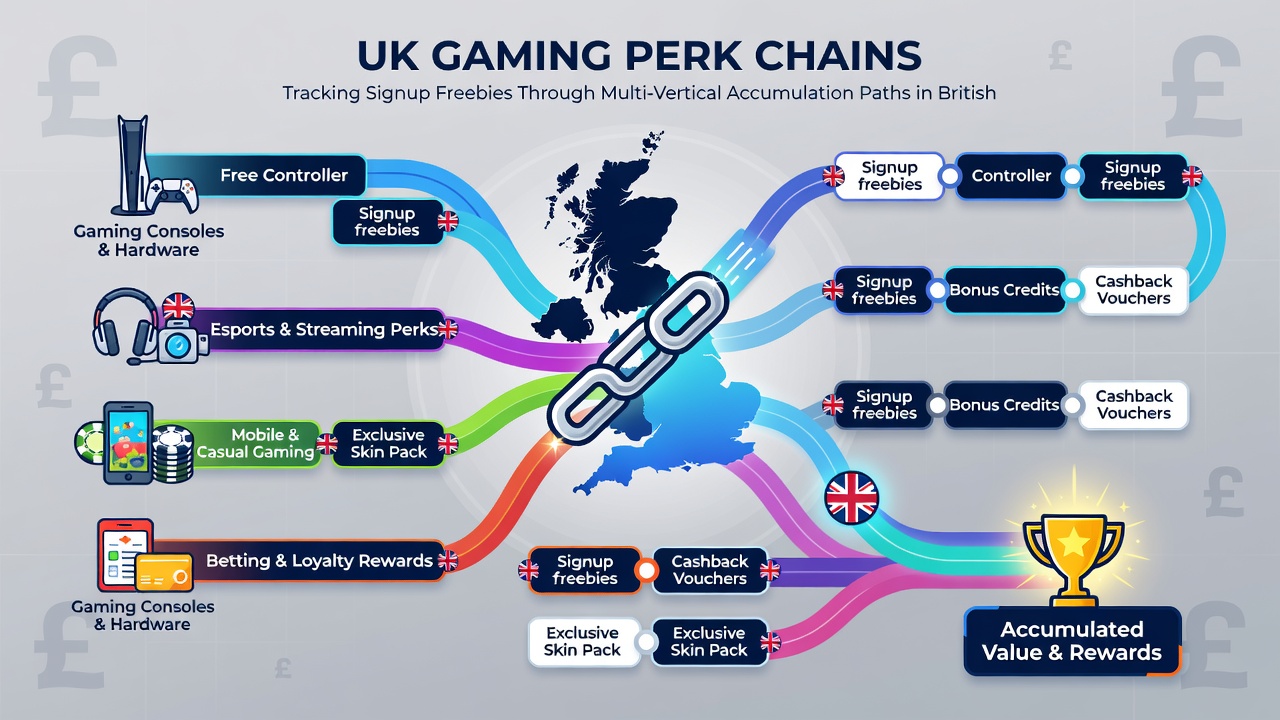 Flowchart illustrating perk chains linking casino spins to sports wagers and poker tournaments on British platforms