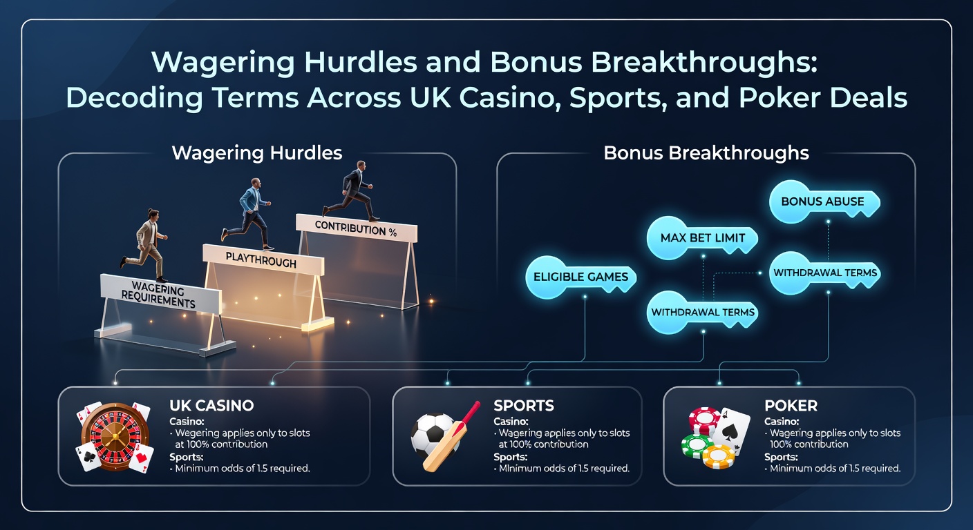 Infographic breaking down wagering requirements and bonus terms in UK casino, sports, and poker promotions, highlighting multipliers and game contributions