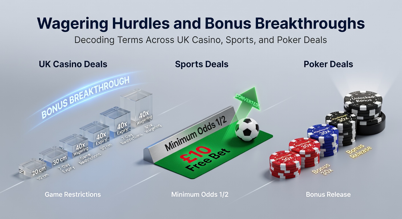 Chart comparing wagering multipliers and contribution rates for casino slots, sports bets, and poker rake across major UK platforms