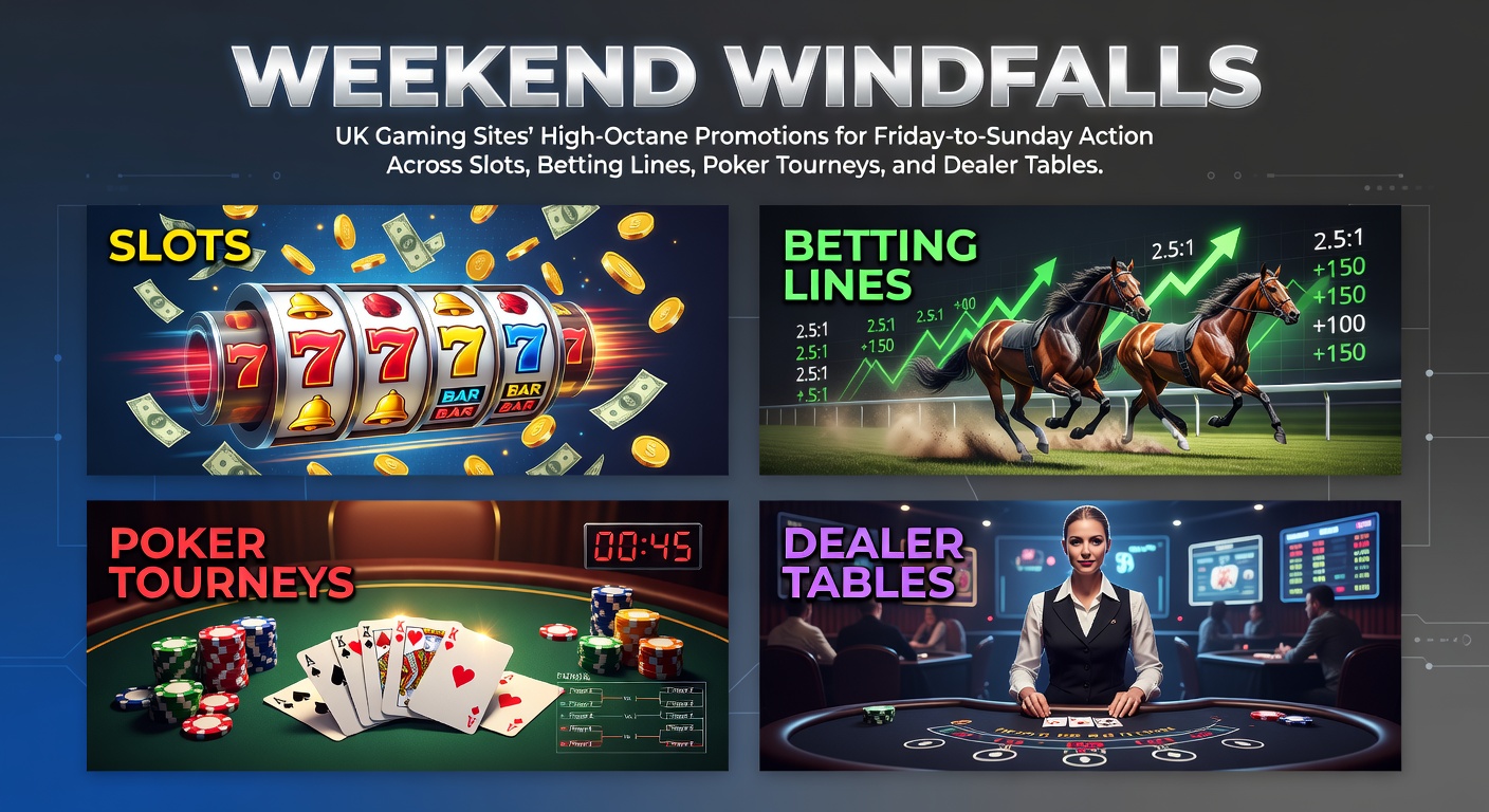 Vibrant illustration of weekend gaming excitement with slots spinning, betting slips flying, poker chips stacking, and live dealers at tables under a Friday night spotlight